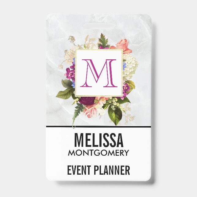 Modern Pink Watercolor Floral Bouquet Monogram Badge (Front)