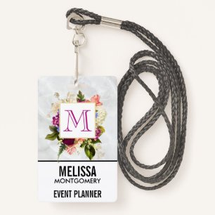 Modern Pink Watercolor Floral Bouquet Monogram Badge