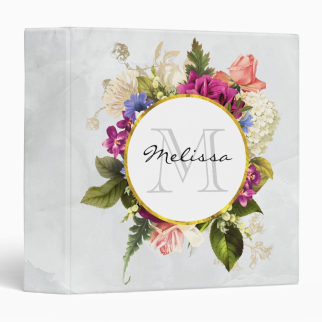 Modern Pink Watercolor Floral Bouquet Monogram Binder (Front/Spine)