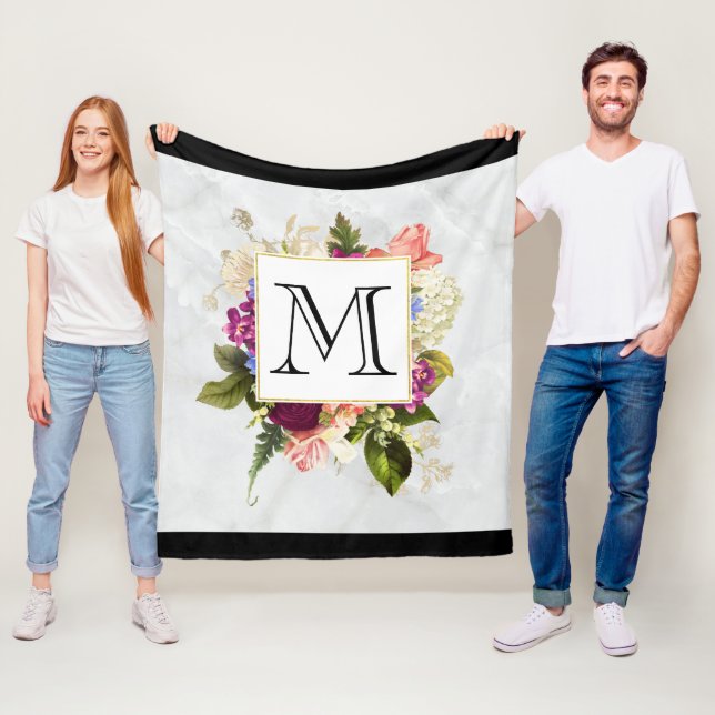 Modern Pink Watercolor Floral Bouquet Monogram Fleece Blanket (In Situ)