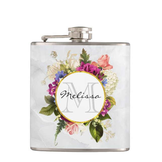 Modern Pink Watercolor Floral Bouquet Monogram Hip Flask (Front)