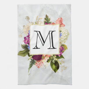Modern Pink Watercolor Floral Bouquet Monogram Kitchen Towel