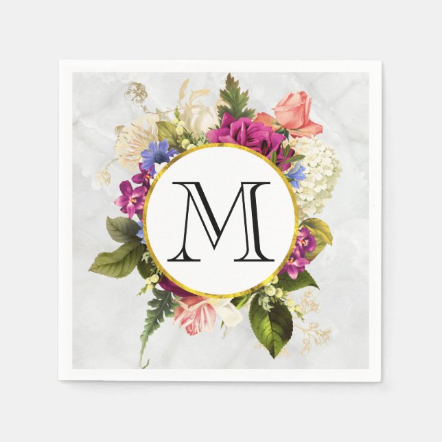 Modern Pink Watercolor Floral Bouquet Monogram Napkin (Front)