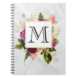 Modern Pink Watercolor Floral Bouquet Monogram Notebook