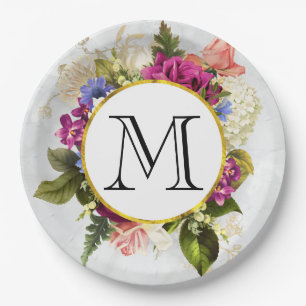 Modern Pink Watercolor Floral Bouquet Monogram Paper Plate