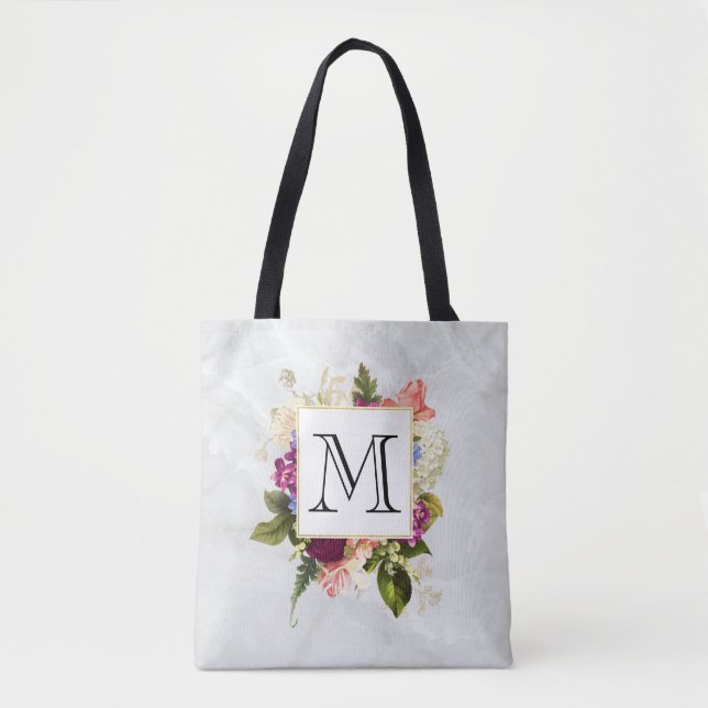Modern Pink Watercolor Floral Bouquet Monogram Tote Bag (Front)