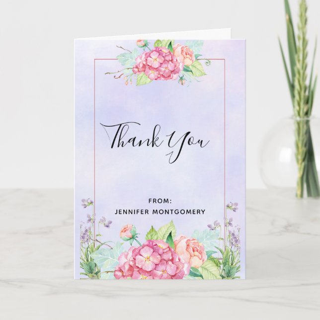 Modern Pink Watercolor Floral Bouquet Thank You Card (Front)