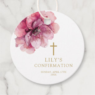 Modern Pink Watercolor Floral Confirmation Favour Tags
