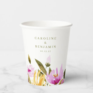 Modern Pink Watercolor Floral Custom Names Wedding Paper Cups