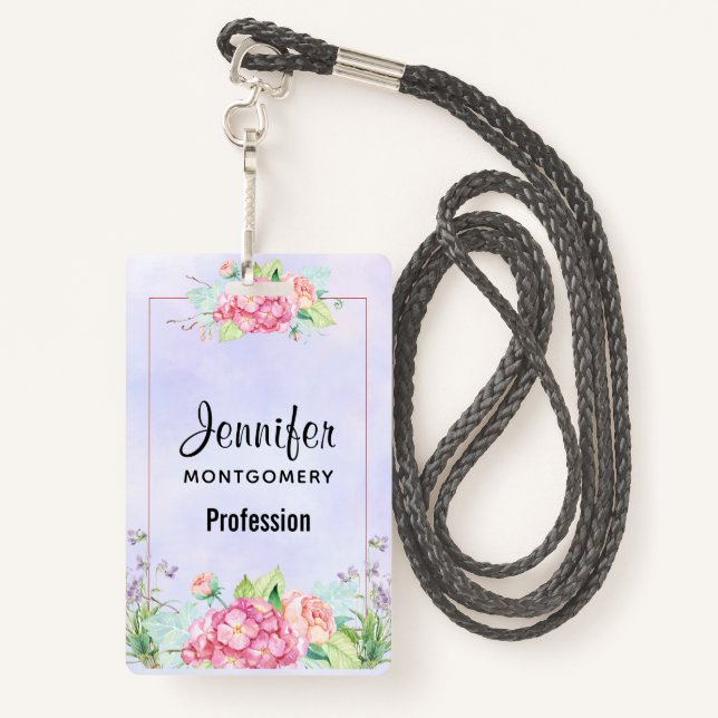 Modern Pink Watercolor Floral Frame Badge (Back with Lanyard)