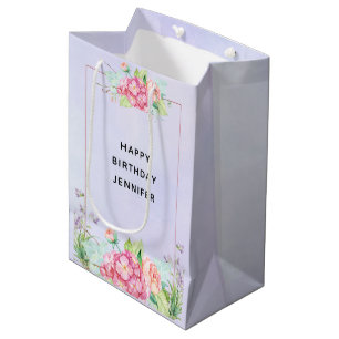 Modern Pink Watercolor Floral Frame Birthday Medium Gift Bag
