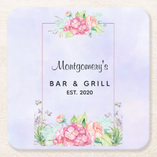 Modern Pink Watercolor Floral Frame Square Paper Coaster