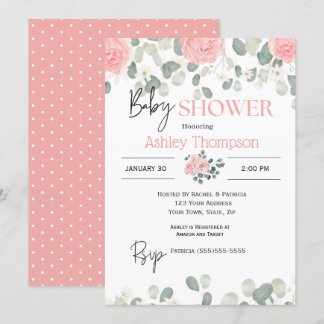 Modern Pink Watercolor  Floral Girls Baby Shower   Invitation