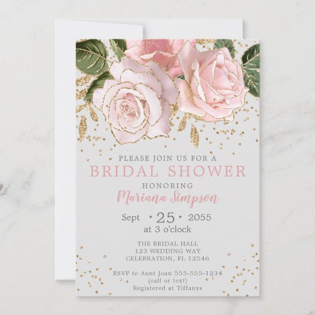 Modern Pink Watercolor Floral Gold Glitter Tan Invitation (Front)