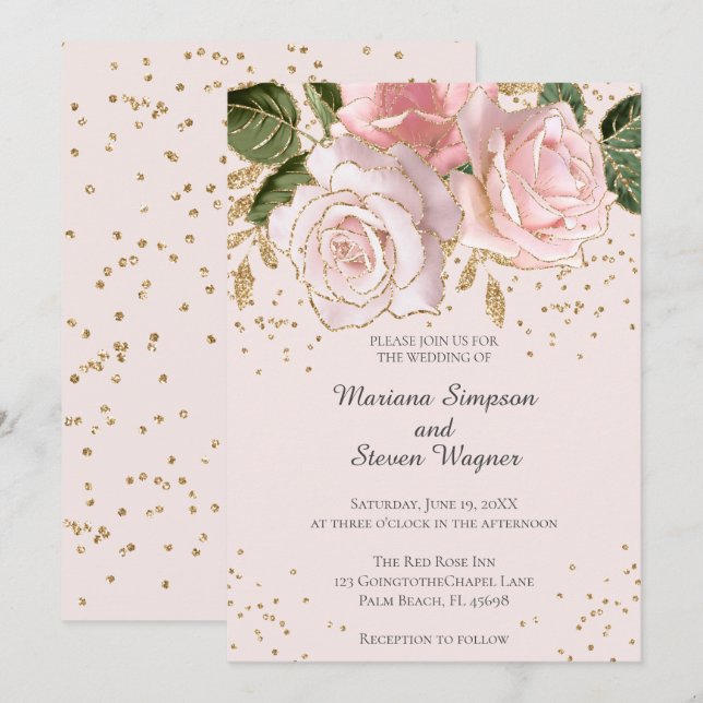 Modern Pink Watercolor Floral Gold Glitter Wedding Invitation (Front/Back)