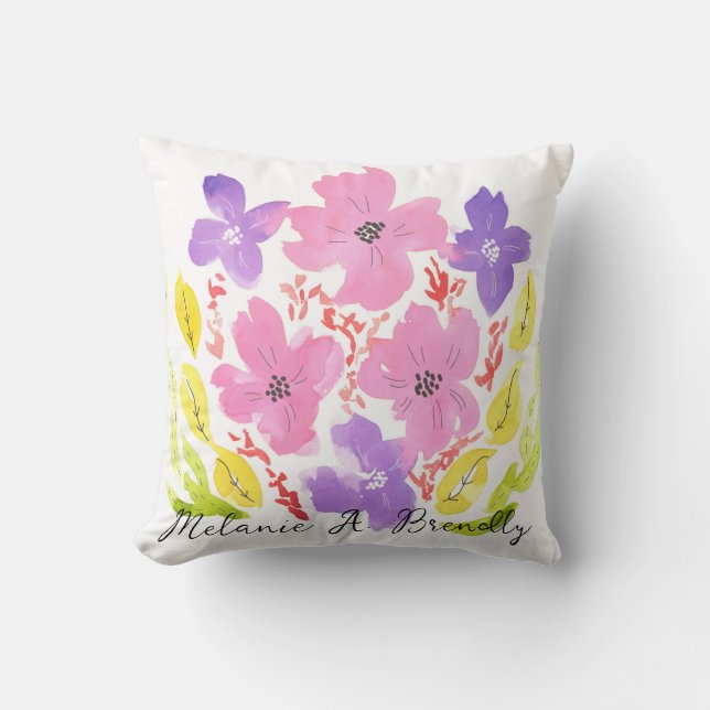 Modern Pink Watercolor Floral Throw Pillow Cushion (Front)