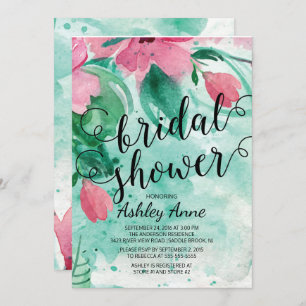 Modern Pink Watercolor Flowers Bridal Shower Invitation