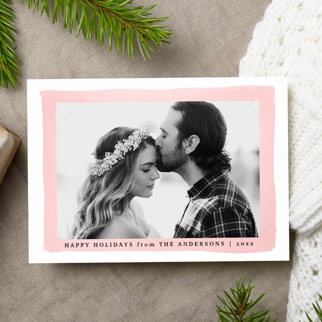 Modern Pink Watercolor Frame Photo Holiday Card (Creator Uploaded)