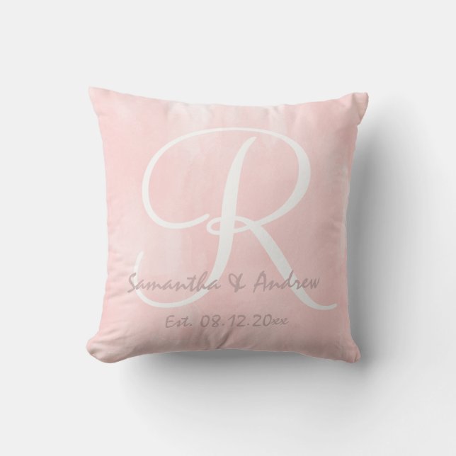 Modern pink watercolor monogram wedding throw pillow (Front)