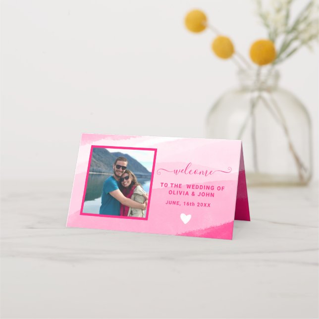 Modern Pink Watercolor photo wedding Folded Place Card (Front)