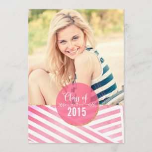 Modern Pink Watercolor Stripes Photo Graduation Invitation