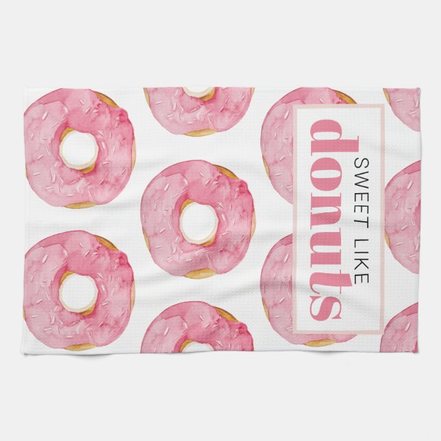 Modern Pink Watercolor Sweet Like Doughnuts Quote Kitchen Towel (Horizontal)