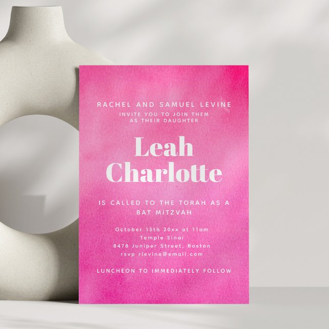 Modern Pink Watercolor Trendy Bat Mitzvah Invitation (Creator Uploaded)