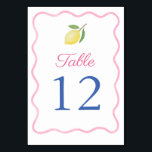 Modern Pink Wavy Border Lemon Wedding Table Number<br><div class="desc">This modern table number design features a hand drawn wavy border and a single watercolor lemon. Shown here for a Wedding but would work equally well for a Shower,  Baptism or Birthday.</div>