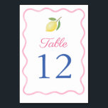 Modern Pink Wavy Border Lemon Wedding Table Number<br><div class="desc">This modern table number design features a hand drawn wavy border and a single watercolor lemon. Shown here for a Wedding but would work equally well for a Shower,  Baptism or Birthday.</div>