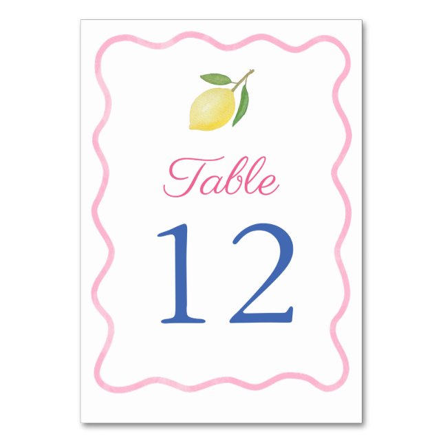 Modern Pink Wavy Border Lemon Wedding Table Number (Front)