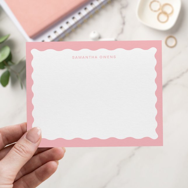 Modern Pink Wavy Border Monogram Card (Creator Uploaded)