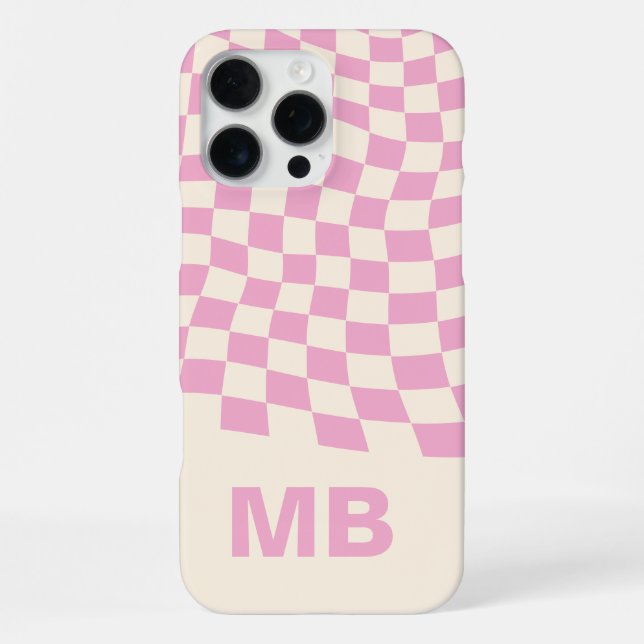 Modern Pink Wavy Chequered Pattern Monogram iPhone Case (Back)
