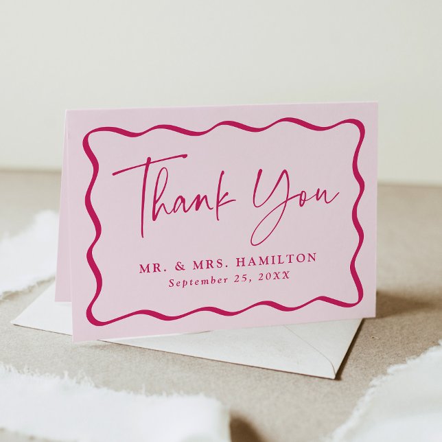 Modern Pink Wavy Frame Photo Wedding Thank You (Creator Uploaded)