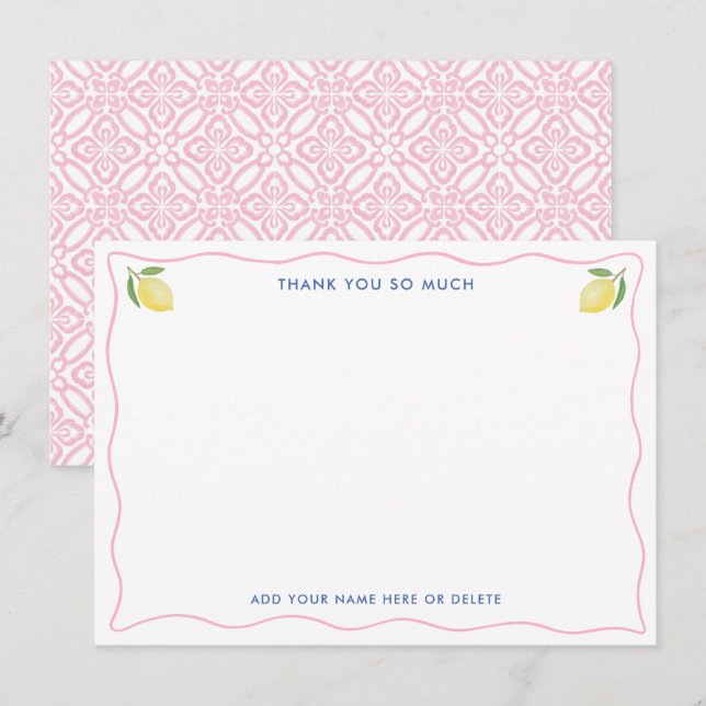Modern Pink Wavy Line Lemons Bridal Shower Thank You Card (Front/Back)