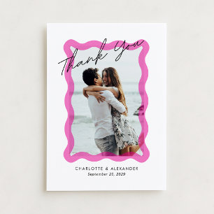Modern Pink wavy transparent frame, photo wedding Thank You Card