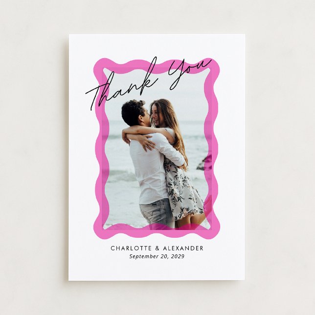 Modern Pink wavy transparent frame, photo wedding  Thank You Card (Creator Uploaded)