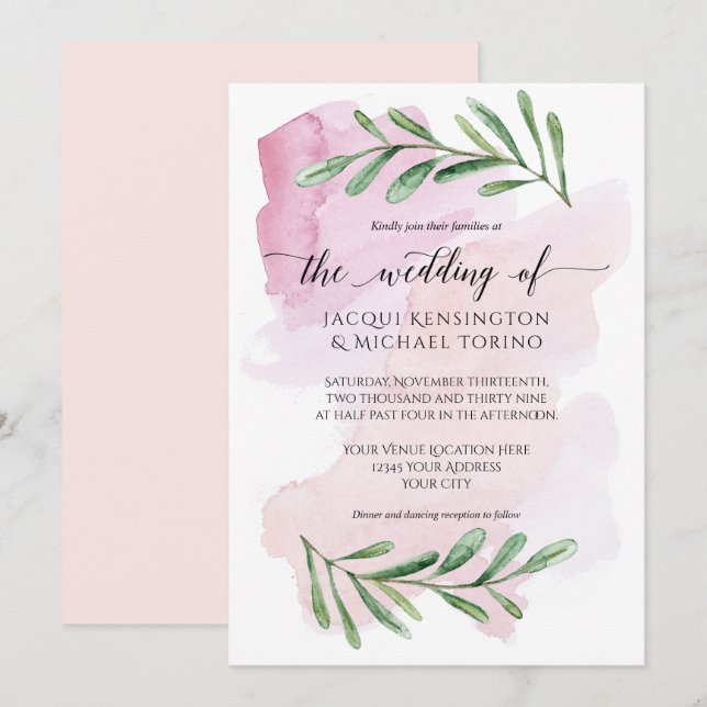 Modern Pink Wedding Watercolor Eucalyptus Foliage Invitation (Front/Back)