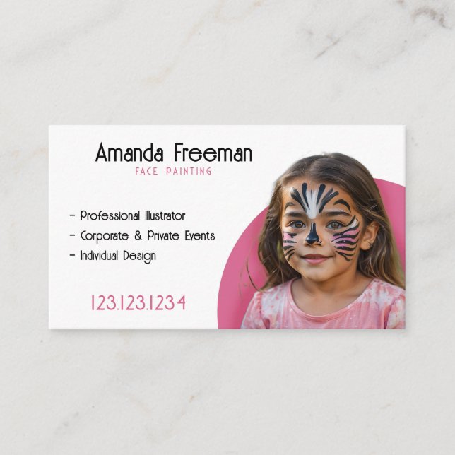 Modern Pink & White Artist Face Painter Business Card (Front)