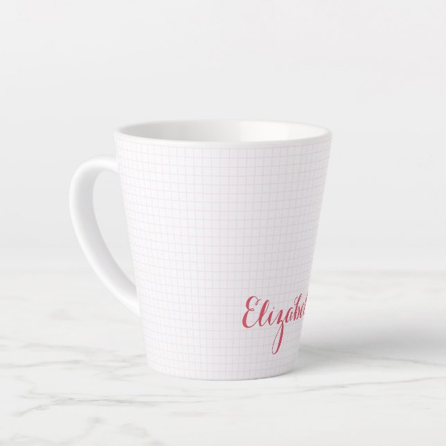 Modern Pink White Chequered Elegant Typography Latte Mug (Left Angle)