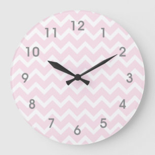 Modern Pink & White Chevron Clock - grey numbers