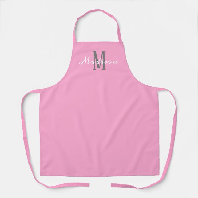 Modern Pink White Chic Script Personalized Womens Apron (Front)