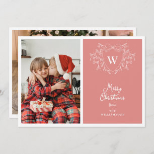 Modern pink & white classy crest 2 photos holiday card