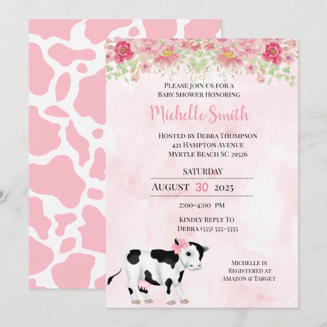  Modern Pink White Cow Print Baby Shower Invitation (Front/Back)
