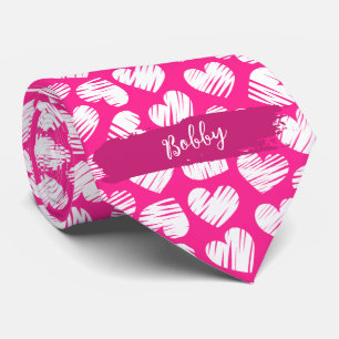 Modern Pink White Doodled Heart Valentine Name  Tie