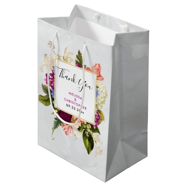 Modern Pink & White Floral Bouquet Wedding Medium Gift Bag (Front Angled)