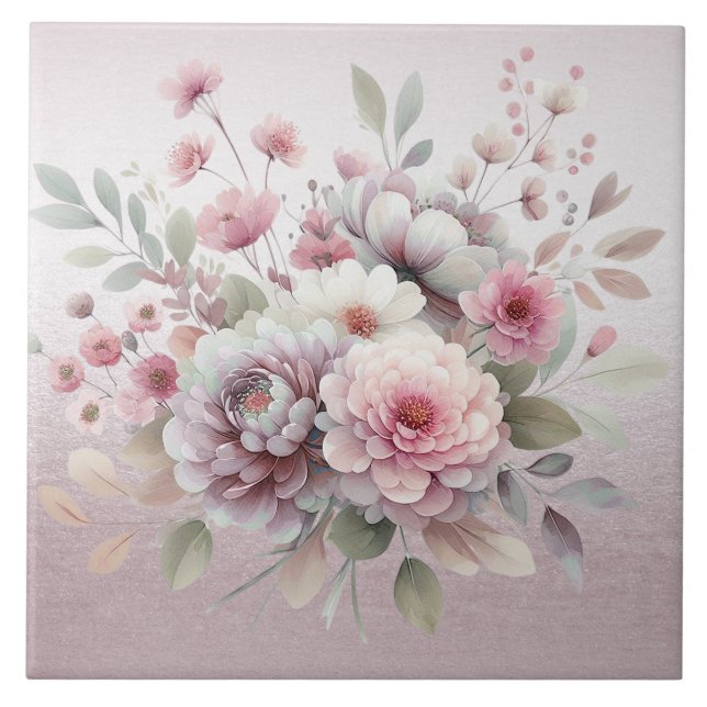 Modern Pink White Floral Ceramic Tile (Front)