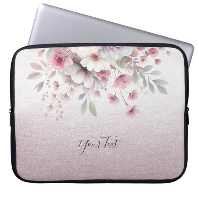 Modern Pink White Floral Laptop Sleeve (Front)