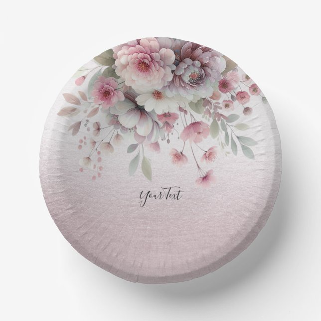 Modern Pink White Floral Paper Bowl Plate (Front)