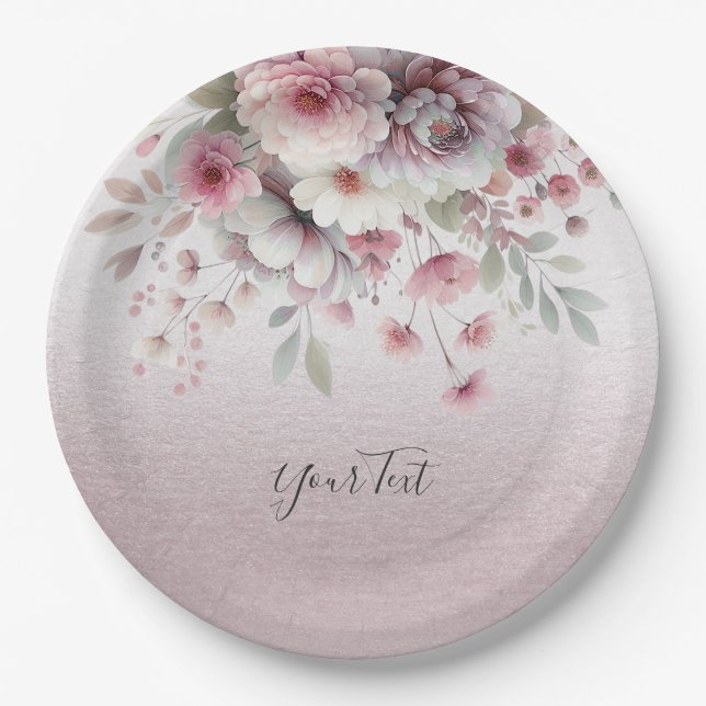Modern Pink White Floral Paper Plate (Front)