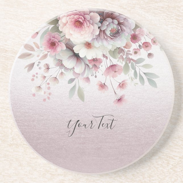 Modern Pink White Floral Sandstone Coaster (Front)